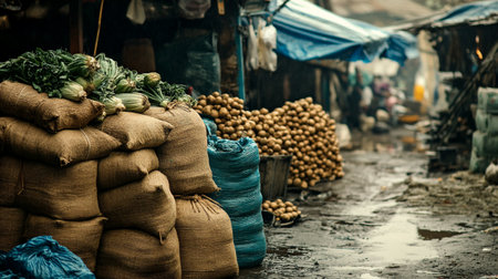 Bags of fresh vegetables on the street market in Nepal, Asia