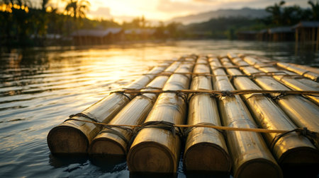 bamboo raft on the river at sunset. Bamboo rafting