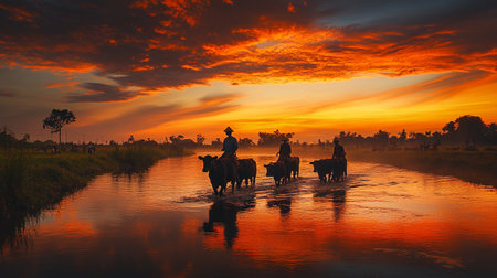 Rice field at sunset with farmer and oxen, Thailand.の写真素材