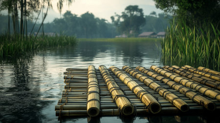 Bamboo rafts on the lake in the evening with natural backgroundの写真素材