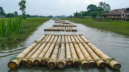 Bamboo rafts on the river in the countryside of Thailand.の写真素材