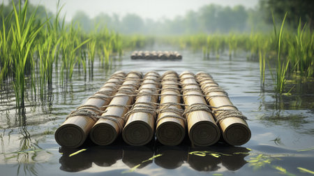 Bamboo rafts floating on the river in rice field. 3d renderの写真素材