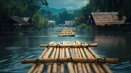 Bamboo rafts on the river in the countryside of Thailand.の写真素材