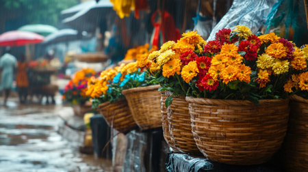 Colorful flowers in baskets on the street market in Vietnamの写真素材