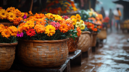 Colorful flowers in baskets on the street market in the rainy season.の写真素材