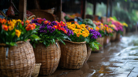 Colorful flowers in baskets on a rainy day. Selective focus.