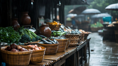 Fresh fish and vegetables on the counter of a local market in Thailandの写真素材