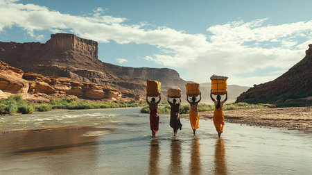 Three women walking along the river in Monument Valley, Arizona, USA