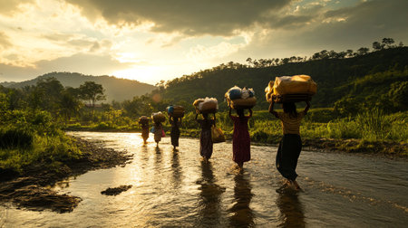 Farmers are walking on the river to collect rice from the fields.の写真素材