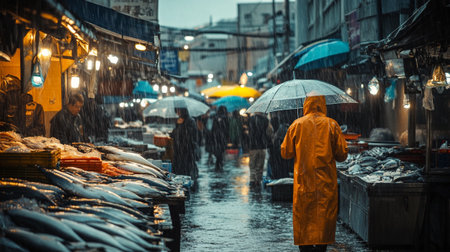 A woman in a yellow raincoat is standing in front of the fish market in Bangkok, Thailand.の写真素材