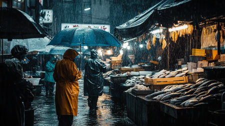 Man in yellow raincoat and raincoat standing in front of fish market at nightの写真素材