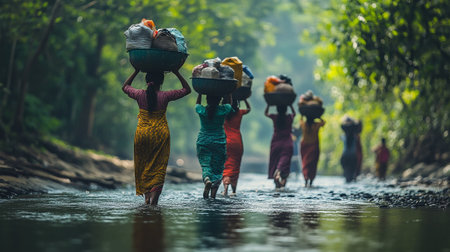 Indian women carrying a load of rice on their back in the riverの写真素材