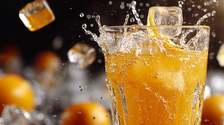 Fresh orange juice with ice cubes and splash on black background, closeupの写真素材