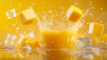 Falling cubes of mango with splash on yellow background, closeupの写真素材