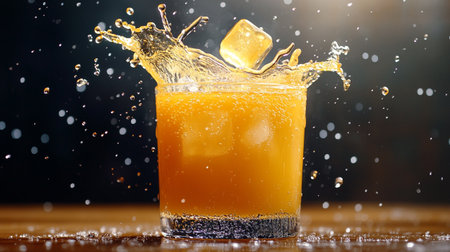 Orange juice splash in glass with ice cube on wooden table and dark background