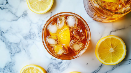 Glass of iced tea with lemon and ice cubesle table