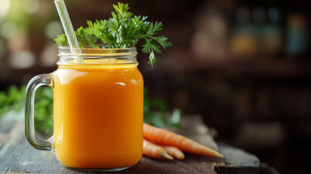 Carrot juice in a glass jar with fresh vegetables on wooden background.の写真素材