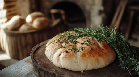 Fresh homemade bread with herbs on a wooden table in the kitchen.