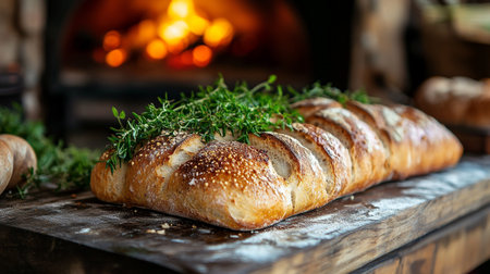 Baked bread with herbs on a wooden table in front of the fireplace