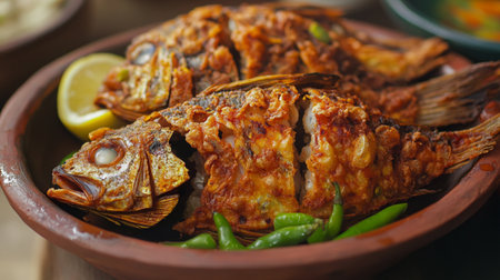 Fried fish with spicy sauce in clay bowl on wooden table.