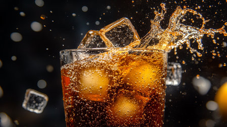 cola with ice cubes on a dark background, close-upの写真素材