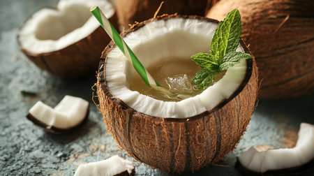 Coconut cocktail with mint on grey textured table, closeup