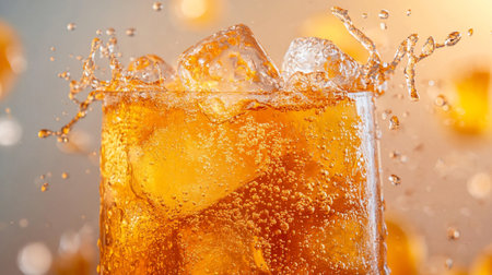 Glass of cola with ice cubes on blurred background, closeupの写真素材