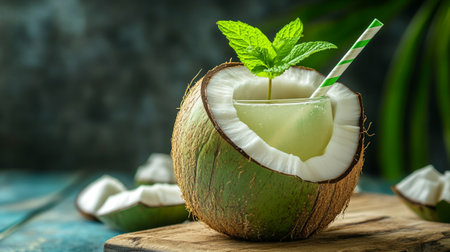 Coconut cocktail with mint and ice cubes on a wooden table