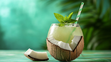 Coconut cocktail with mint on wooden table, on green background