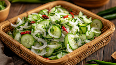 Fresh cucumber salad with onion, garlic and pepper on wooden tableの写真素材