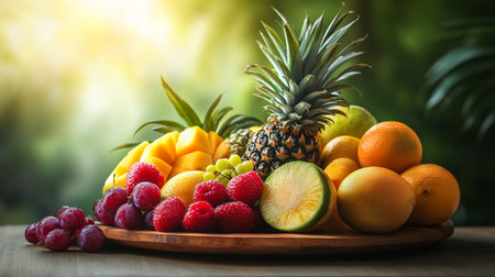 Composition of fresh fruits on wooden table against blurred background, closeup