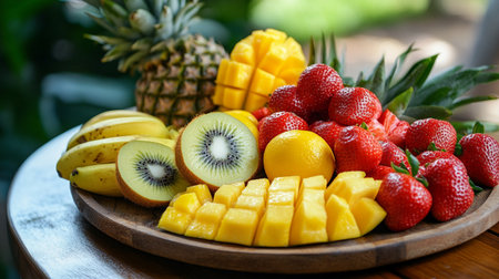 Mango, kiwi, pineapple and strawberries on wooden plate
