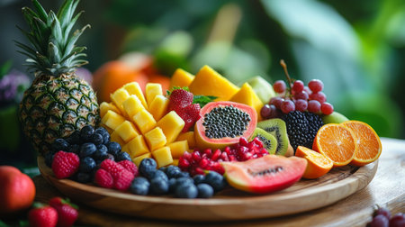 Fruits and berries on a wooden plate. Healthy eating concept.