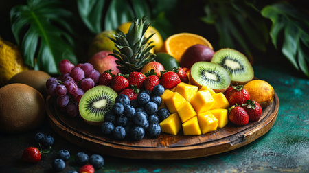 Mix of fresh fruits on the wooden board, selective focus, verticalの写真素材