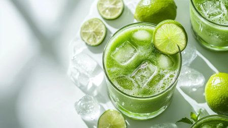 Fresh lime juice with ice in glass on white background, top viewの写真素材