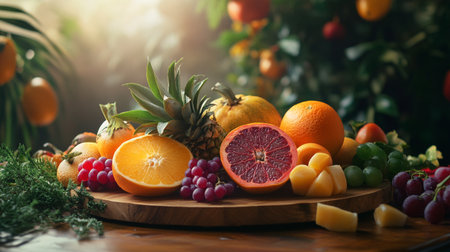 Fruits on a wooden table. Orange, grapefruits and oranges.