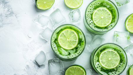 Fresh lemonade with lime and ice on light background, top viewの写真素材