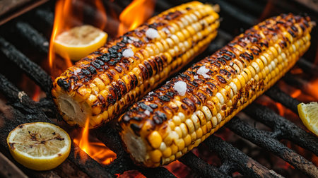 grilled corn on the cob with salt and lemon on the grill