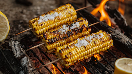 Grilled corn on the coals with lemon and salt on the grill