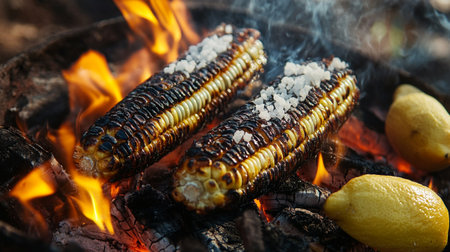 Grilled corn on the cob with salt and lemon on the fireの写真素材