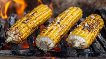 Grilled corn on the coals in the brazier.の写真素材