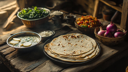 Tasty Indian flatbread with vegetables and spices on wooden table