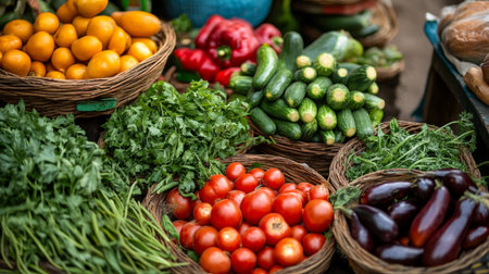 Variety of fresh vegetables in baskets at farmers market, closeup