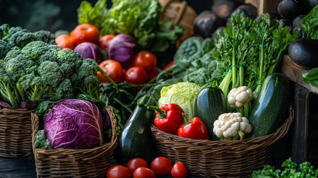 Fresh vegetables in wicker baskets on rustic wooden background, selective focus