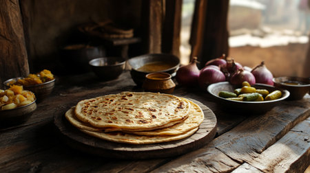Tasty indian flatbread on rustic wooden table, closeup