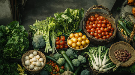 Variety of fresh vegetables in basket on dark background, top view