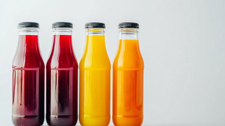 bottles of orange, red and yellow juice on a white backgroundの写真素材