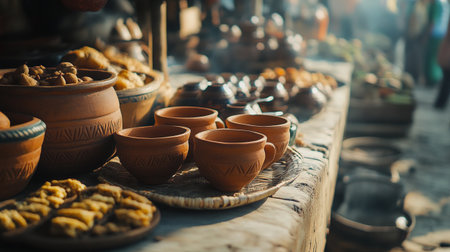 Earthenware and clay pottery on a market stall.の写真素材