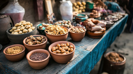 Traditional spices and herbs in clay pots on a market stall in Indiaの写真素材
