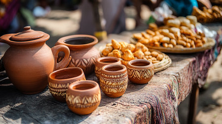 Traditional earthenware pottery for sale at the fair.
